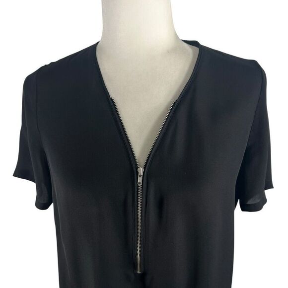 The Kooples Short Sleeve Blouse Size Medium Black Silk Zip Front Too - Picture 3 of 11